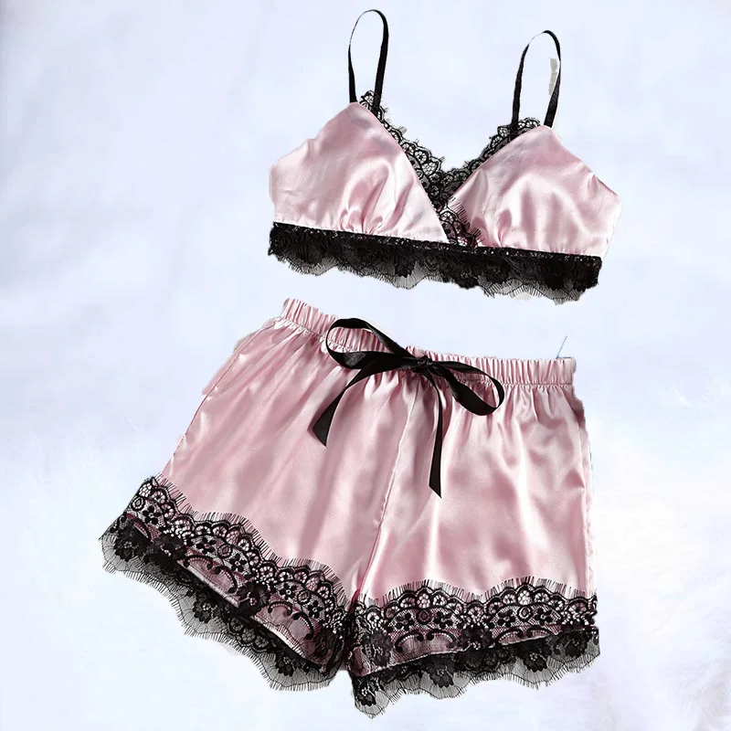 

Womens Sexy Satin Nightwear Babydoll Lingerie Lace Pajama Set 2019 Bra Cropped Top Shorts Sleepwear