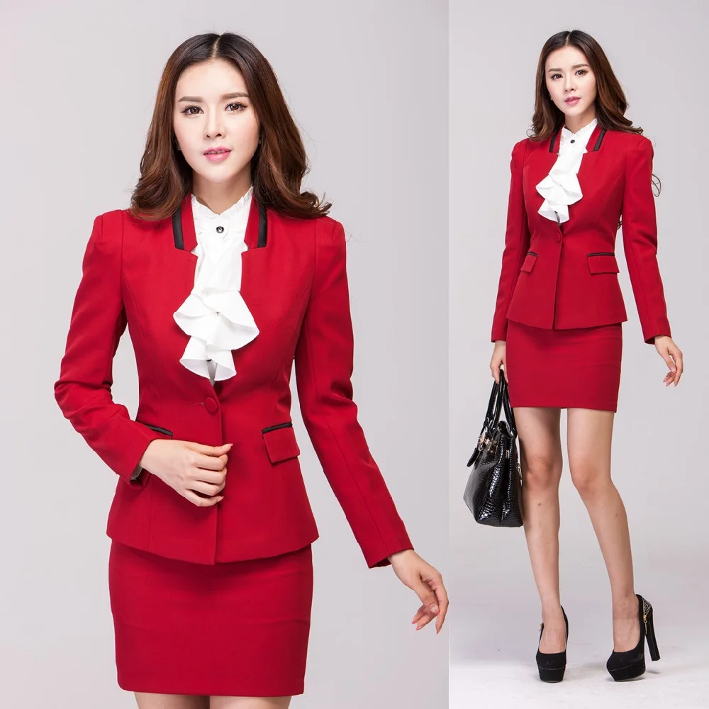 Formal Red Blazer Women Skirt Suits Work Wear Clothes Ladies Beauty ...