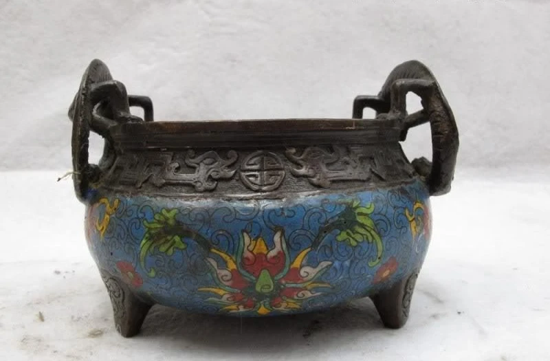 

Chinese Copper cloisonne Buddhism Two beast Ears Ding incense burner Censer