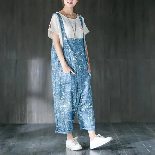 Buykud Cartoon Print Denim Jumpsuit Romper Women Summer Casual Loose Overall Holiday Ankle Length Wide Leg Pants Female Dungaree (4)