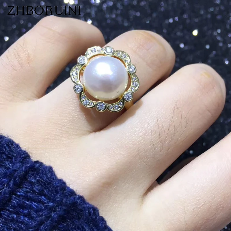

ZHBORUINI Statement Pearl Ring Jewelry 925 Sterling Silver For Women Natural Freshwater Pearl Round Flower Big Rings Wholesale