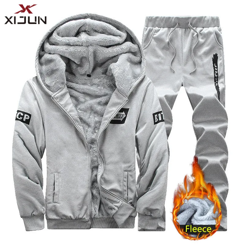 Xijun 2PCS Fashion Brand-Clothing Sweatshirt Men Tracksuit Men Set hoodies and pants men Winter Fleece Thick Hooded Clothes me