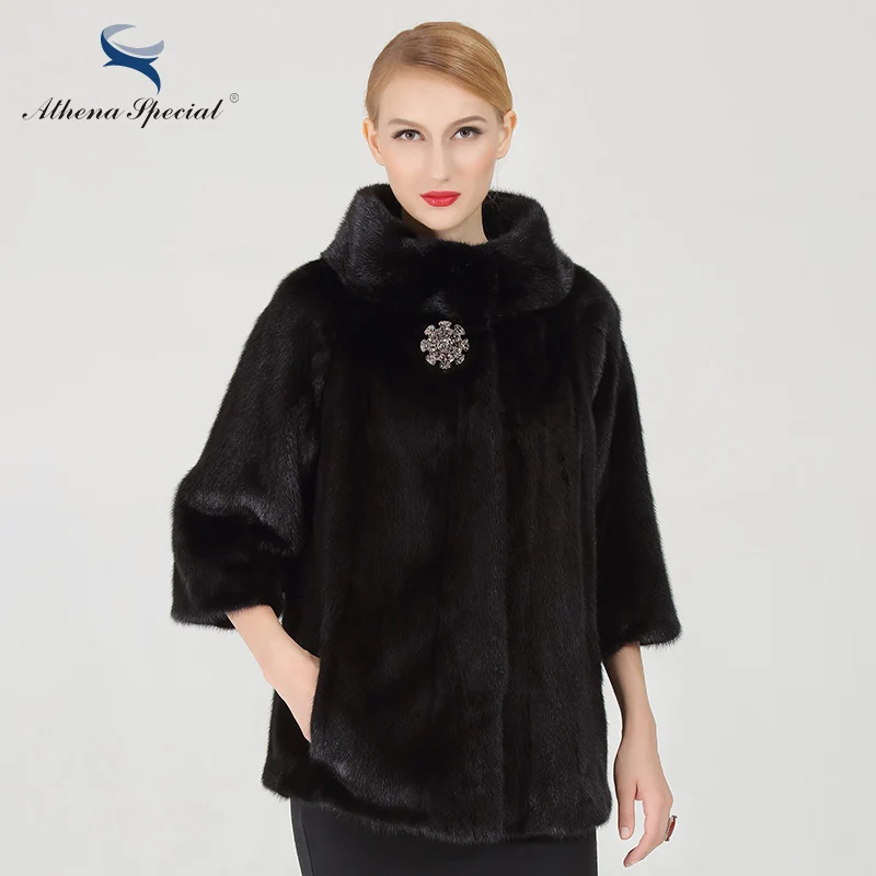 Athena Special Brand Fashion Women Genuine Mink Coats From Natural Mink Fur Nine Quarter Sleeve