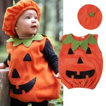 0-3Y Recentemente Cosplay di Halloween Del Bambino Del Capretto Del Bambino Zucca Stampa Senza Maniche Pagliaccetto Tute e Tute da Palestra Magliette e camicette + Cappelli Vestiti Del Bambino 2PCS Costumi