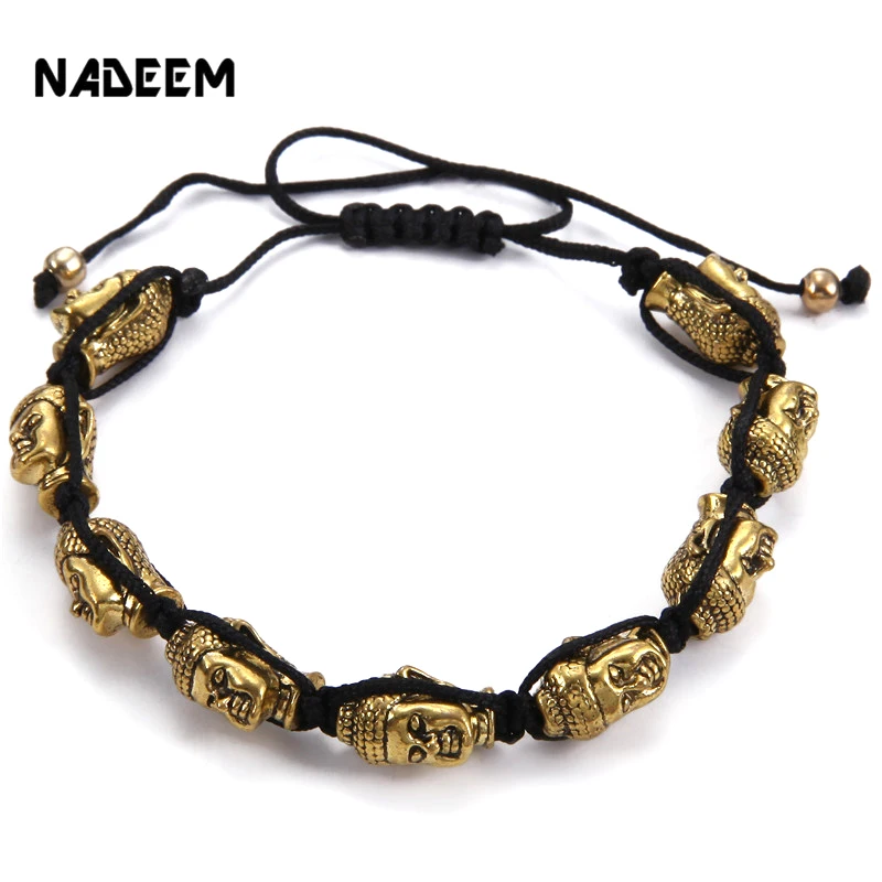 

2017 New Anil Arjandas Men Bracelets Antique Silver and Gold Buddha Charm Bead Weave Knitted Macrame Braided Bracelets Jewelry