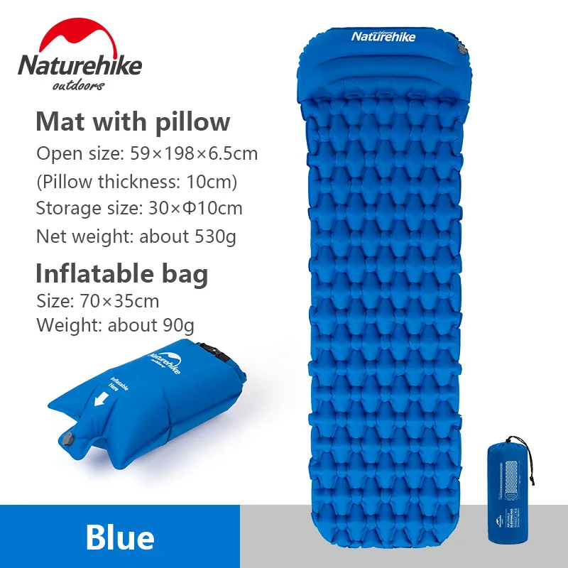 Naturehike надувной коврик для кемпинга кровать спальный коврик для походов на открытом воздухе одиночный тент надувной матрас с подушкой Влагонепроницаемая подушка безопасности - Цвет: Mat and bag-blue