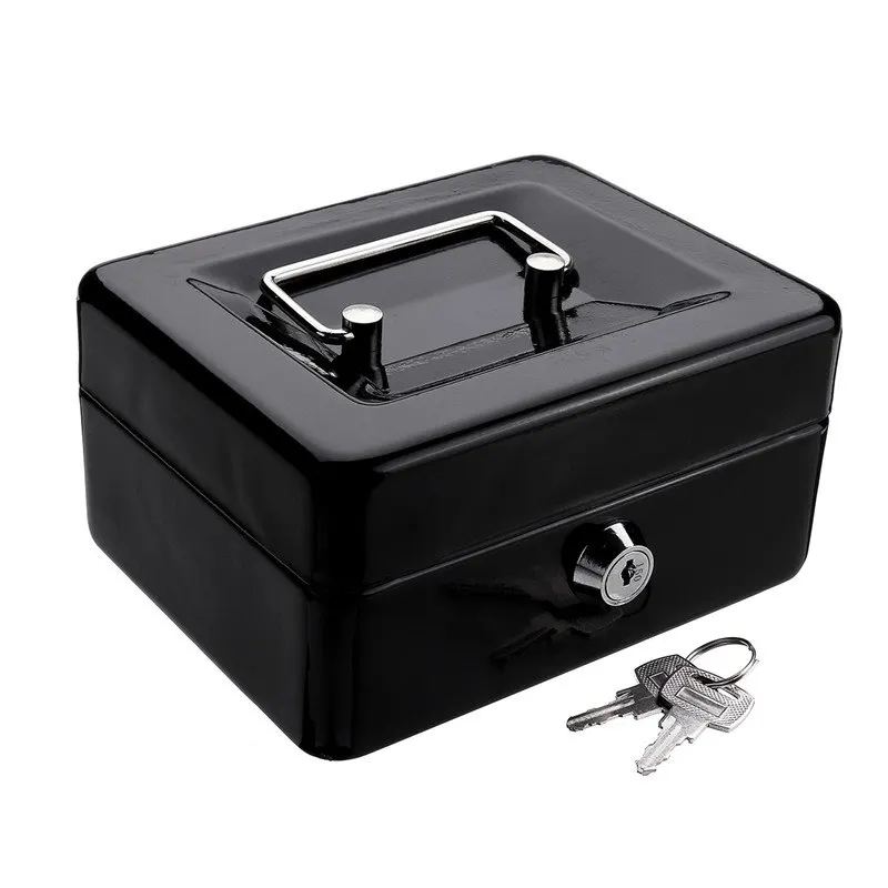 Comprar Mini hucha de acero inoxidable de Metal negro caja de seguridad para dinero bandeja de monedas en efectivo con caja de transporte de cajón de llave secreto