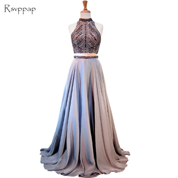 

Long Prom Dresses 2020 Real Sample High Neck Sleeveless A-line Beaded Chiffon Backless African 2 Piece Prom Dress