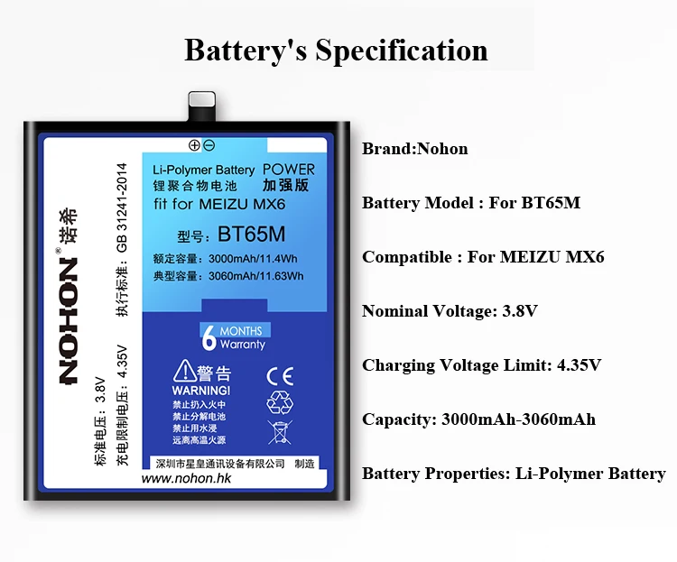 Nohon Battery For MEIZU MX6 6 BT65M 3000mAh 3060mAh built-in High Capacity Phone Li-polymer Bateria For MEIZU MX6  Battery+Tools Details (07)