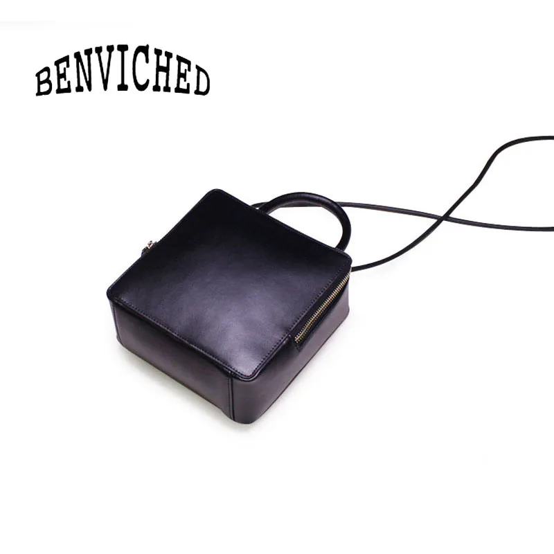 

BENVICHED Ladies' Genuine Cattle leather mini bag 2019 new fashion black handbag single shoulder bag retro small square bag c393