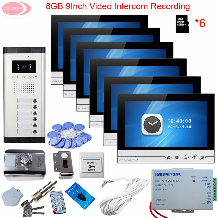 9\ Video Intercom Apartment Door Phone 6 Monitors Outdoor Camera for 6 Family Rfid Door Lock Home Intercom Recording+8GB TF Card