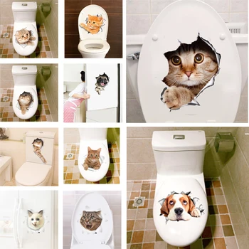 3d Hole View Vivid Cats Dog Wall Sticker Bathroom Toilet Living Room Kitchen Decoration Animal Decals Art Sticker Poster