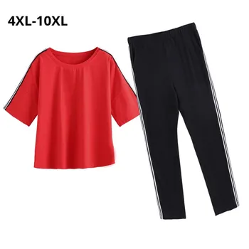 

Plus Size 10XL 8XL 6XL 4XL Womens Tranksuit Female Elastic High Waist Pant and Short Sleeve Casual Tee Sporting Suits For Mujer