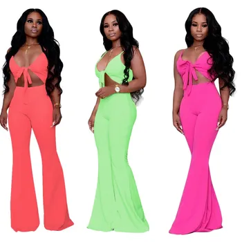 

Women Sexy Spaghetti Strap Hollow Out Wide Leg Jumpsuits Summer Deep V-neck Bow Long Rompers Casual Solid Overalls