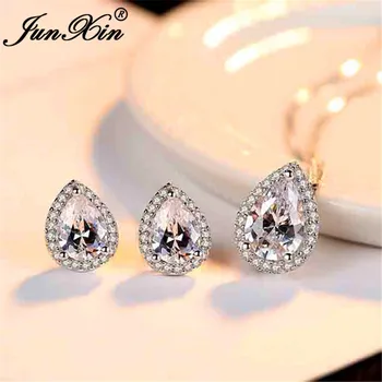

JUNXIN Pear Cut Water Drop Crystal Stud Earring Teardrop Pendant Necklace Jewelry Sets Silver Color White Zircon Wedding Set
