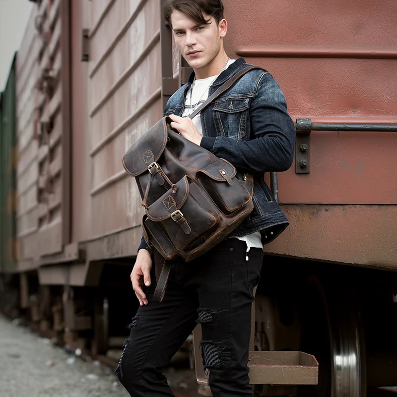 Мужской рюкзак винтажный из натуральной кожи|mochila hombre|lederen rugzakbackpack travel bag |