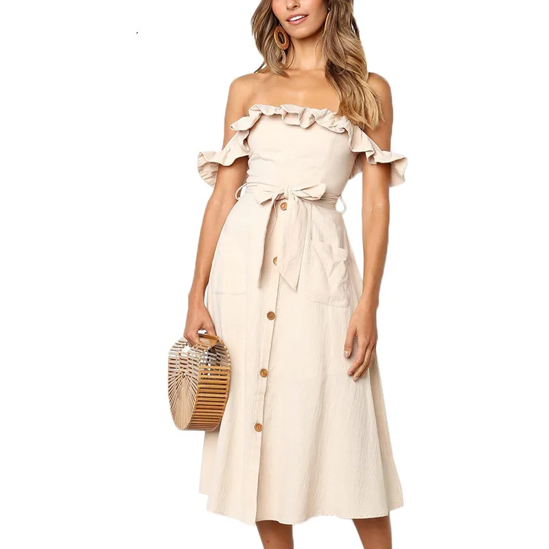 Women Dress Elegant Sexy Slash Neck Solid Party Dress Women New Fashion A Line Summer Dresses Casual Maxi Long Beach Dress