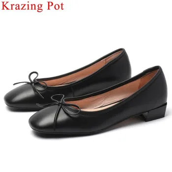 

Krazing Pot handmade full grain leather bowtie slip on loafers low heels square toe pregnant women pumps large size shoes L09