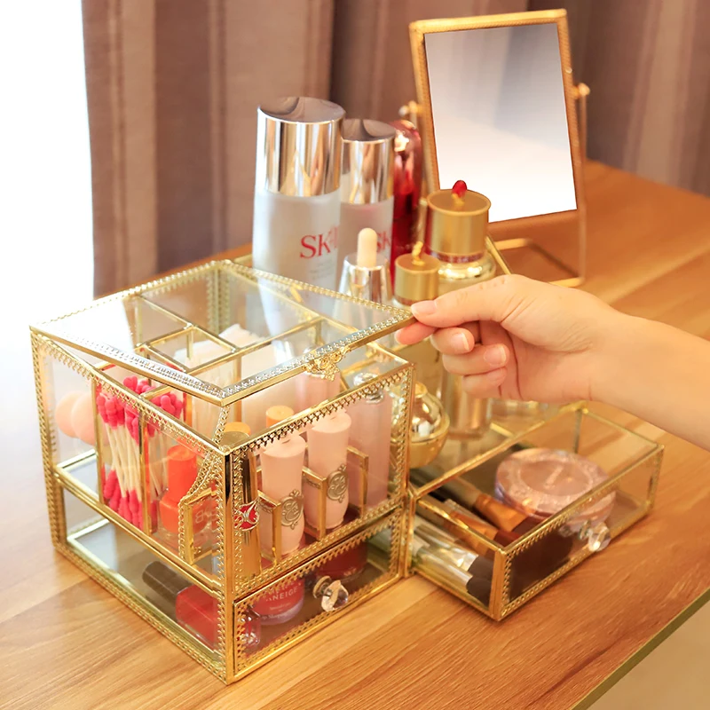 Dressing table cosmetic storage box glass European skin care finishing retro princess household lipstick brush cotton swab box