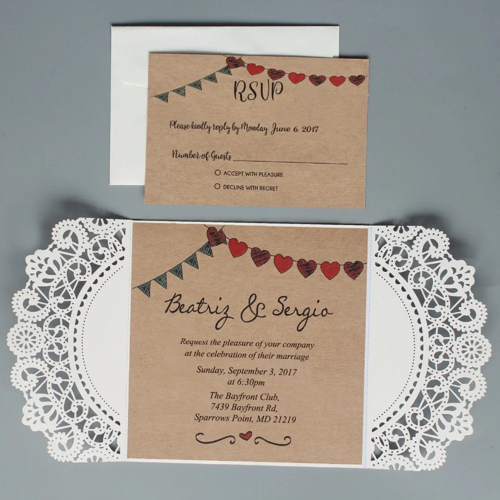  Rustic Wedding Invitation Ivory Lace Wedding Invite Kraft Paper Invitation Cards - Set of 50 pcs - 32898201540