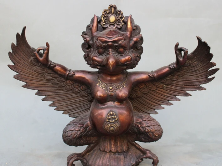 

S3674 10" Chinese Pure Red Bronze Fly Bird Winged Garuda Redpoll God Buddha Statue D0318