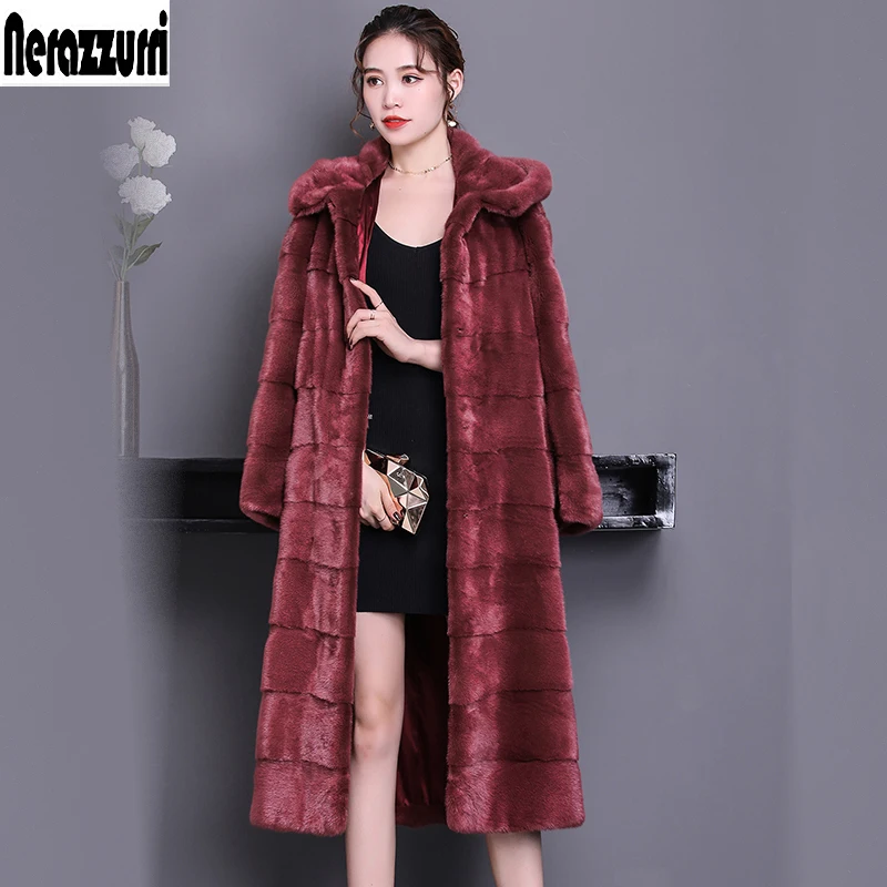 

Nerazzurri Real mink fur coat woman with hood long sleeve natural fur warm saga Imported mink coats women plus size 5xl 6xl 7xl