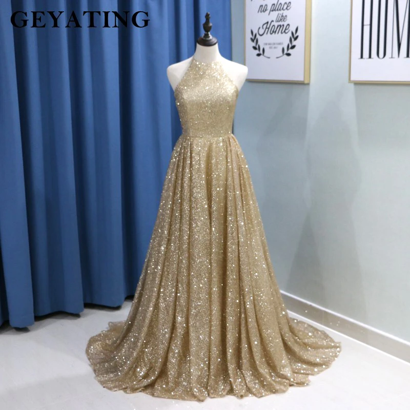 

Sparkly Gold Champagne Sequin Prom Dresses Dubai Halter Off Shoulder Yousef Aljasmi Arabic Women Formal Evening Dress Long 2019