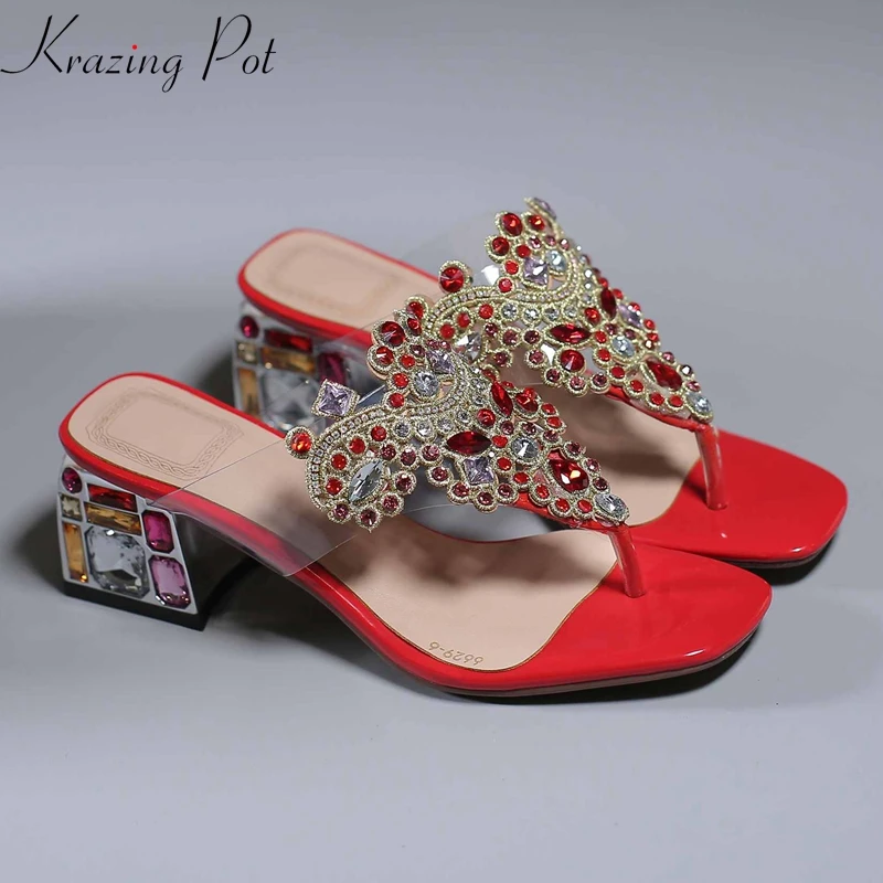 Krazing pot/натуральная кожа peep toe bling art дизайн пятки Обувь на высоком каблуке Звездное Алмаз Сабо шлепанцы Большие размеры 43 42 Сандалии L34