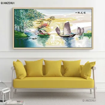 

QIANZEHUI,Needlework,DIY Plain sailing Cross stitch ,Ocean landscape Sets For Embroidery kits Cross-Stitching,Wall Home Decro