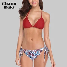 Charmleaks Women Scalloped Bikini Sets Floral Print Bikini Halter Top Swimwear Bandage Sexy Swimsuit Beachwear random floral print halter sleeveless sexy bikini sets