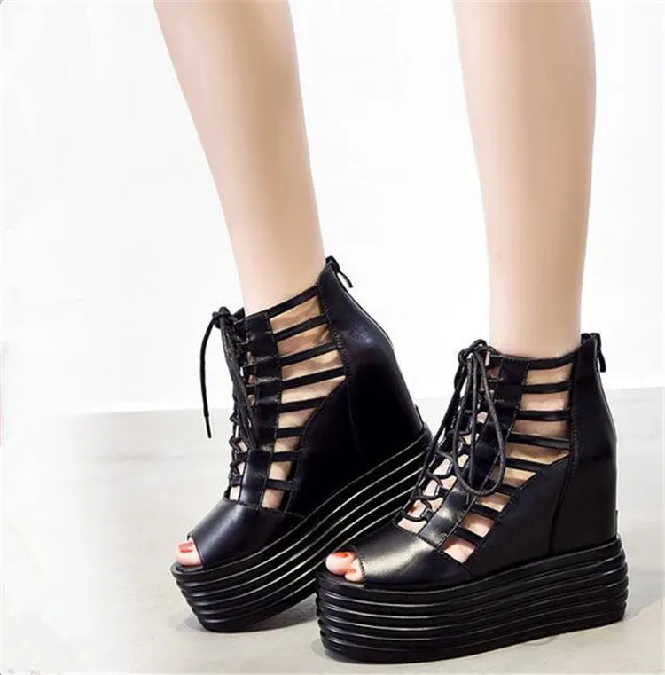 PXELENA Hollow Out Hidden Wedge High Heels Platform Gothic Creepers