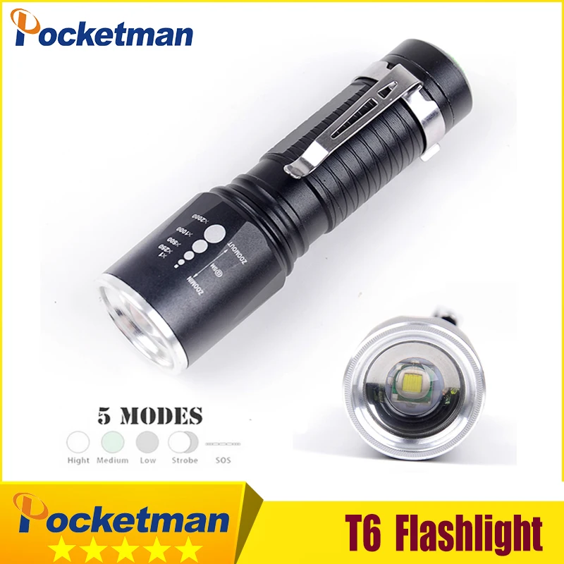 

Powerful Zoomable XM-L T6 Flashlight 8000Lumens 5 Modes Waterproof Torch Tactical Flashlight Aluminum 18650 or AAA Battery