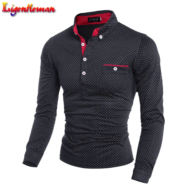 

Male Long Sleeve Fashion Casual Slim Polka Dot Pocket Button Polos Slim Men Jerseys Brand New 2019 Autumn Mens Polo
