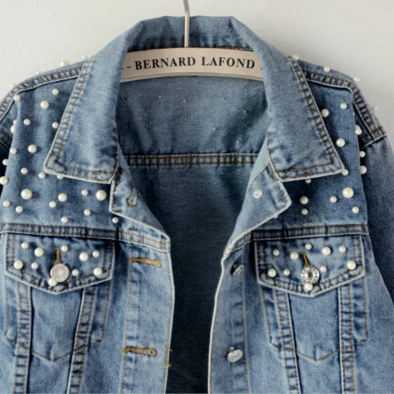 Billig Vangull Frühling Perle Perlen Crop Denim Jacken Für Frauen Neue Herbst Casual Jeans Bomber Jacke Langarm Mantel Plus Größe 5Xl