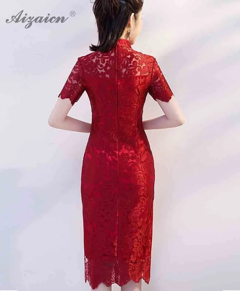 Красный кружево Длинные Cheongsam современный Chinoise Платья для вечеринок Qi Pao для женщин Китайский вечернее платье Мода Тонкий Qipao Женская Роба в