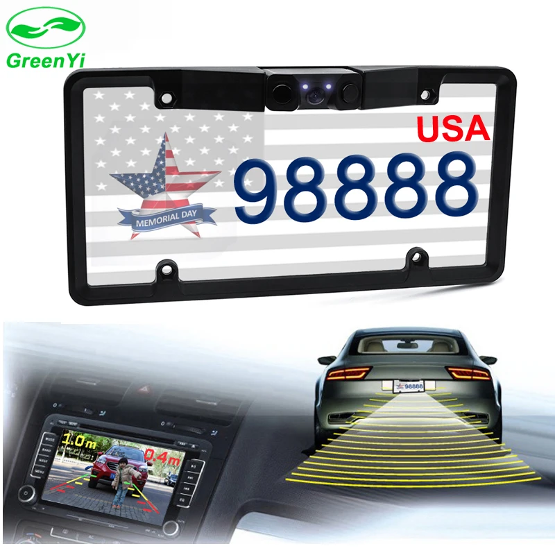 

GreenYi Canada USA American License Plate Frame Video Parking Sensor Car Reaview Backup Reversing Camera with Leds Night Vision