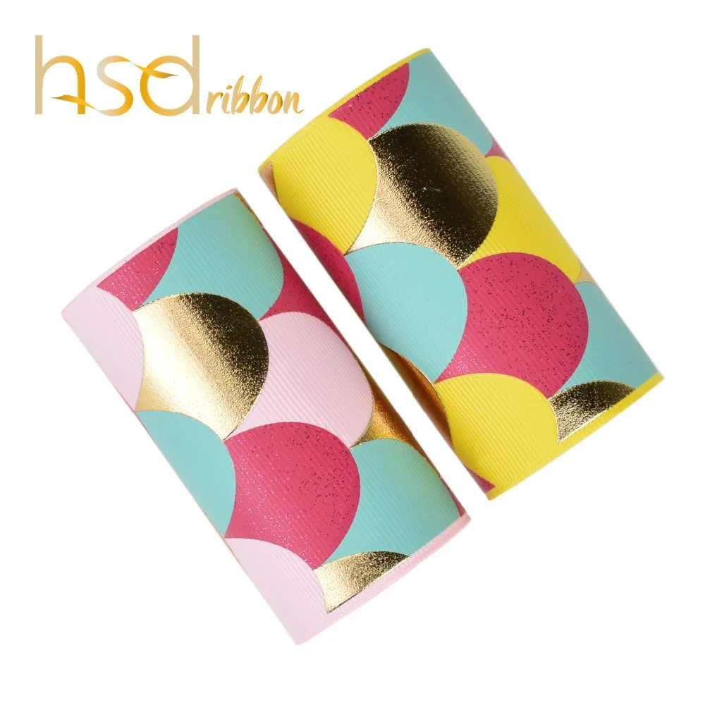 

HSDRibbon custom 3" 75mm two color with glitter and gold Foil Printed Fish scale on Soild Grosgrain Ribbon