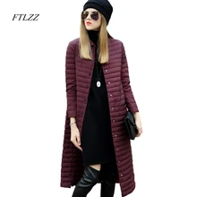 Ftlzz, зимний ультра-светильник, пуховик на утином пуху, женский, тонкий, однобортный, длинный пуховик, сплошной цвет,, теплые пальто для женщин