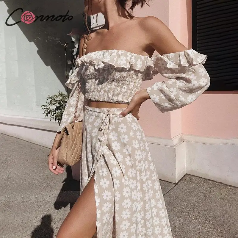 Prix Conmoto Twist Off épaule décontracté femmes robe à volants plage été 2019 robes femme imprimé Floral robe costume Vestidos