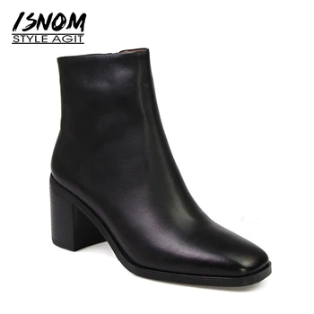 

Side Zipper Rubber Boots Autumn 2018 Women's High Square Heel Shoes Natural Leather Ankle Boots Brand Square Toe Female Footwear