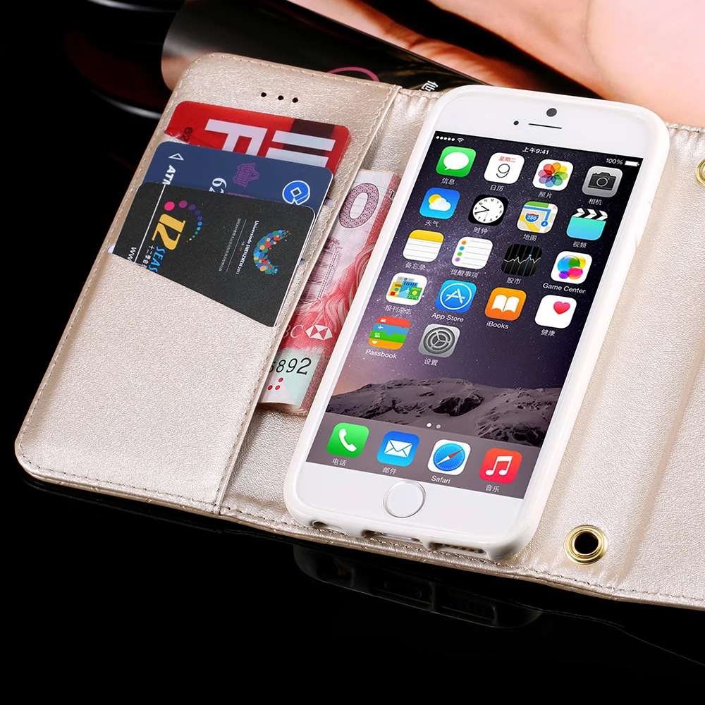 Золото роскошный портмона кожаный чехол для iphone 6 4.7 металла блеск кристалл шику