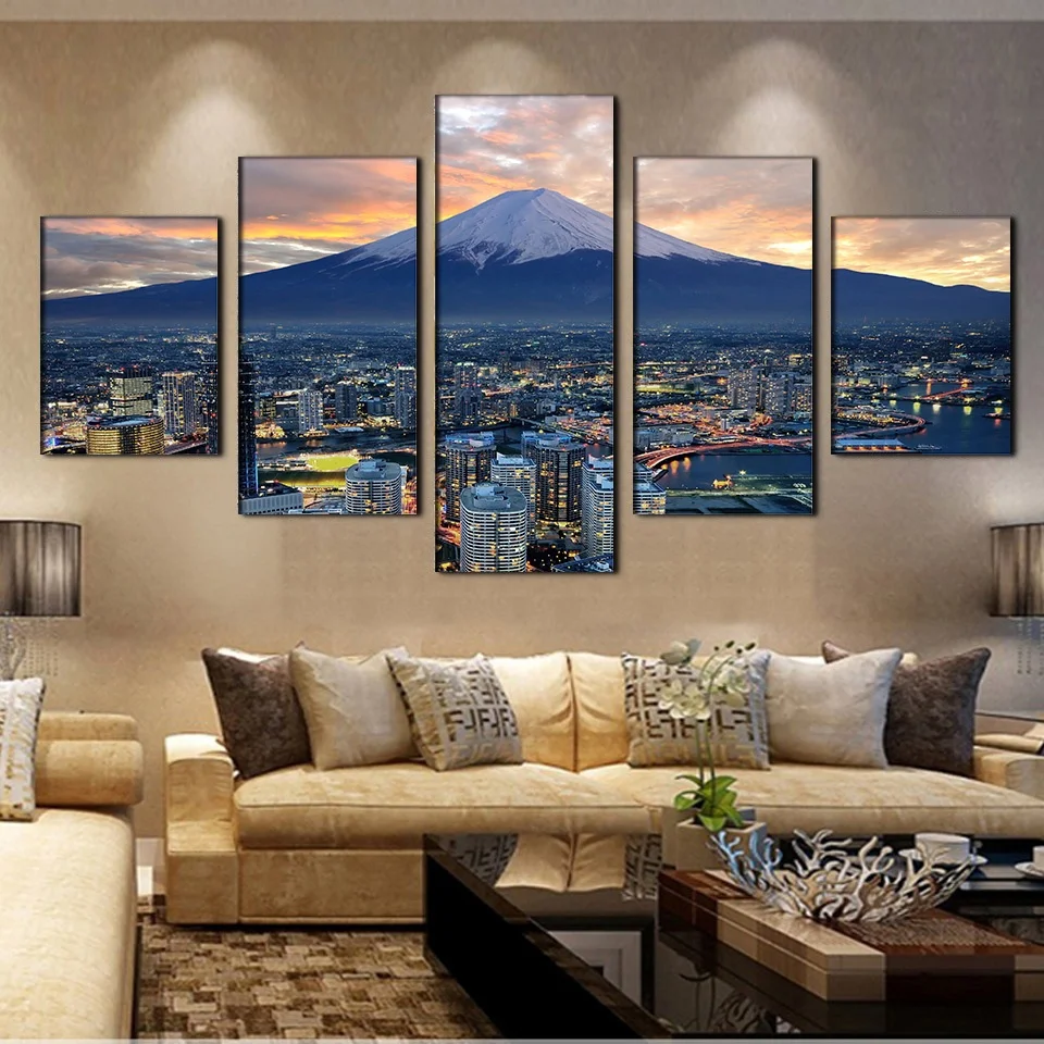 Home Decor Pictures Vintage HD Print 5 Panel City At Night Landscape Paintings On Canvas Wall Modular For Living Room | Дом и сад