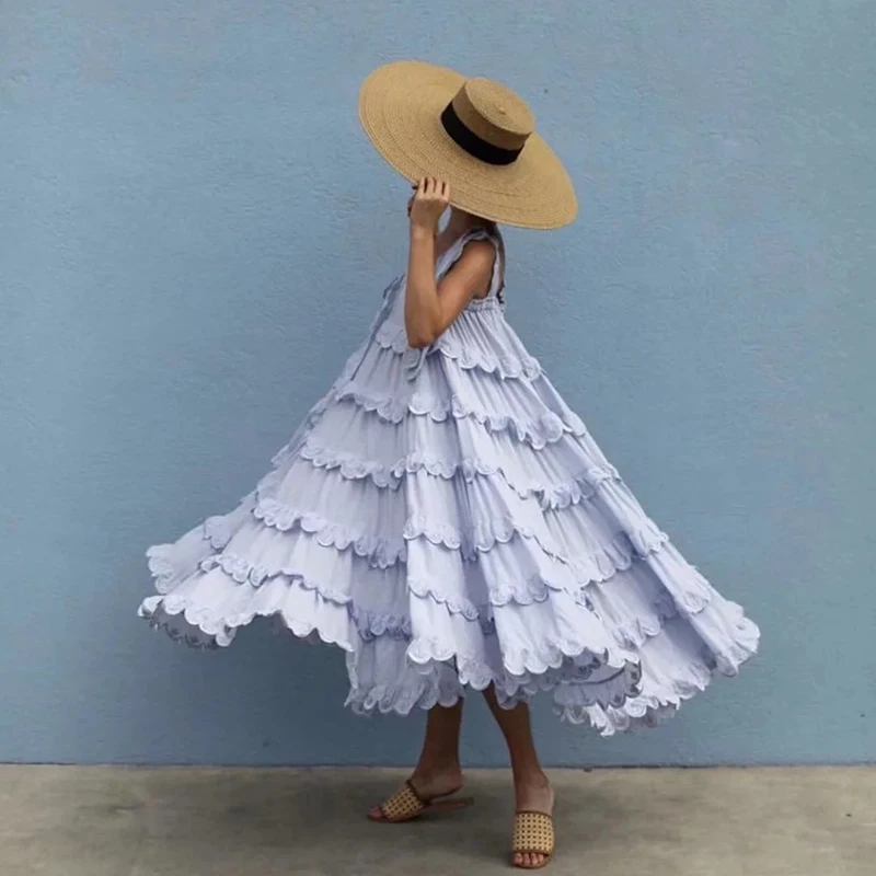Boho Pleated Spaghetti Strap Billowing Midi Dress 2019 Summer Women Solid Loose Lace-Up Backless Beach Resort | Женская одежда