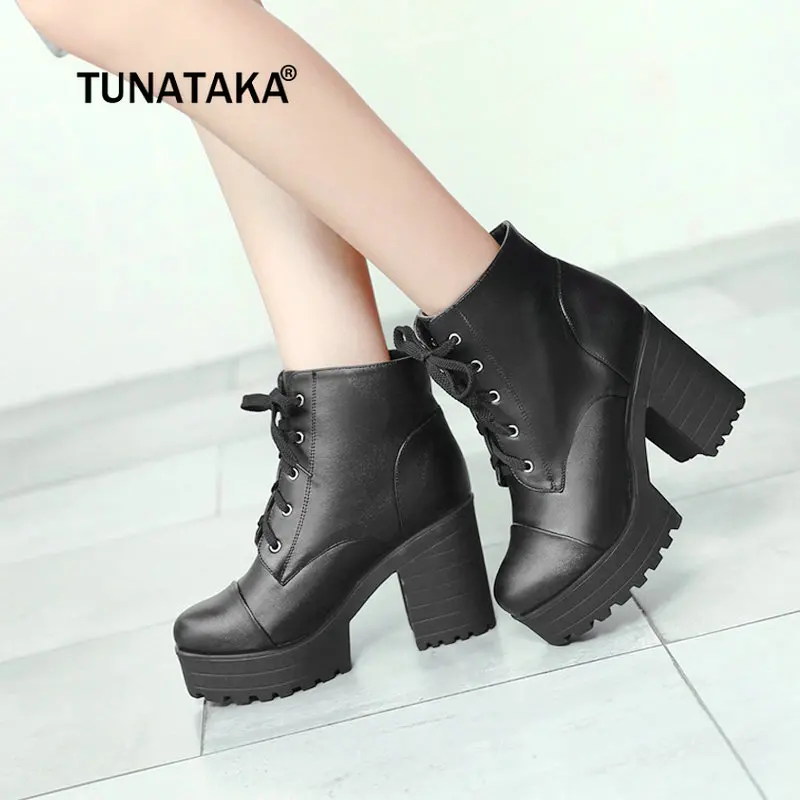 

Thick High Heel Ankle Boots Platform Fashion Lace Up Combat Boots Winter Riding Boots