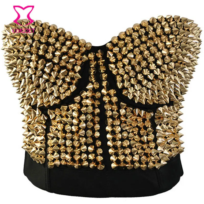 

Belly Dance Clubwear Gold Punk Metallic Gathers Spike Studs Rivet Strapless Bra Bustier Women Sexy Brassiere Push Up Bralette