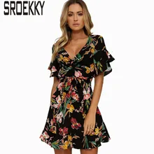 

Black Floral Summer Dress 2018 Fashion Flare Sleeve Party Dress Women New Deep V-Neck Ruffles Sexy Dress Casual Beach Vestidos