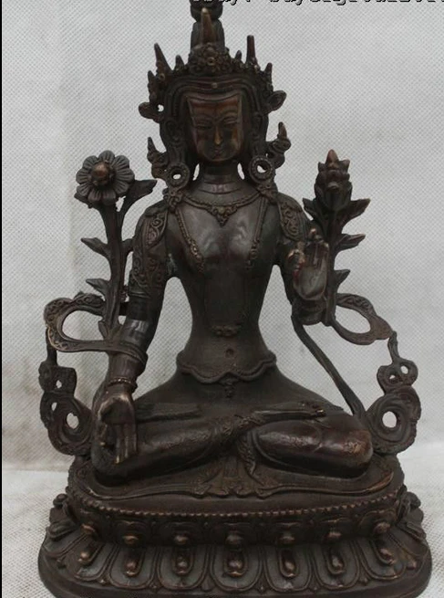 

003735 9"China Chinese Tibet Buddhism Folk Bronze Lucky White Tara Kwan-Yin Statue