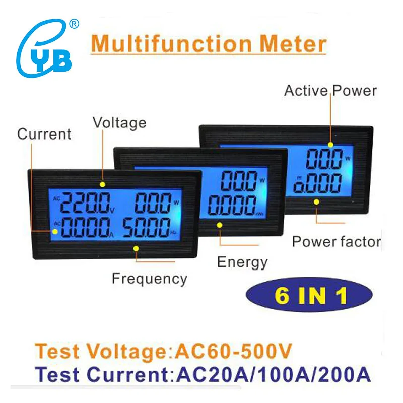 YB5140DM ЖК-цифровой вольтметр Амперметр AC60-500V 20A 100A 200A ЖК-дисплей Напряжение измеритель тока коэффициент мощности частота энергии тестер PF