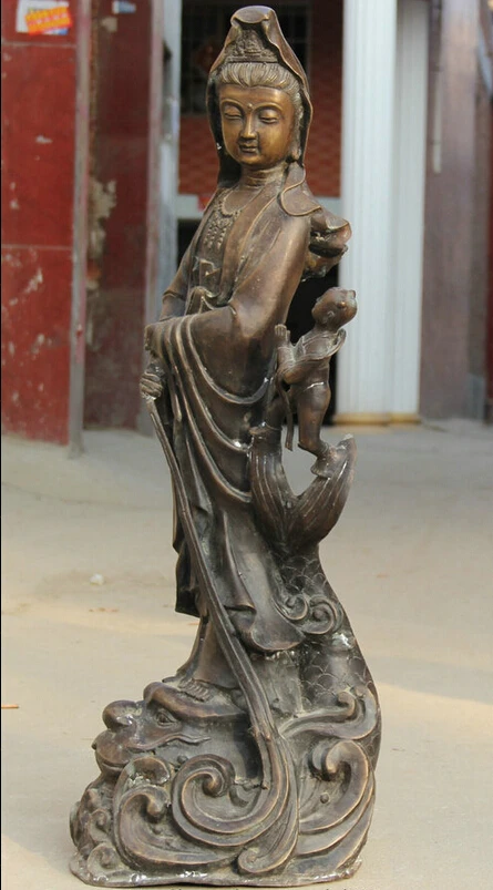 

S2262 32" Larger Chinese Bronze Stand Beast Kwan-yin Guan Yin Boddhisattva Boy Statue D0318