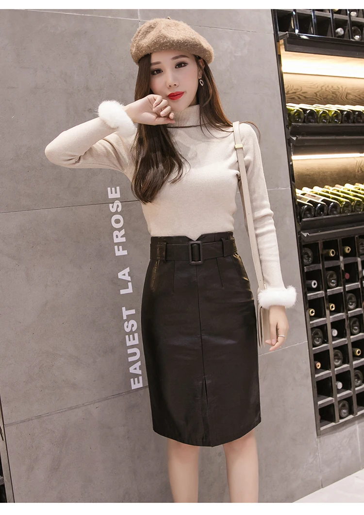 Women PU Leather Midi Skirt Autumn Winter Ladies Package Hip High waist OL Pencil Skirt